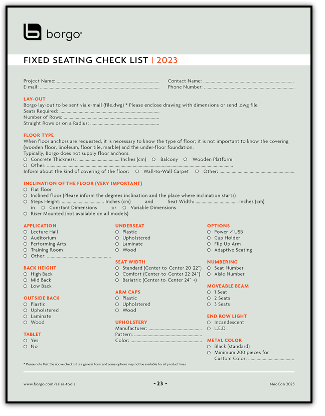 Borgo - Sales Tools - Fixed Seating Check List