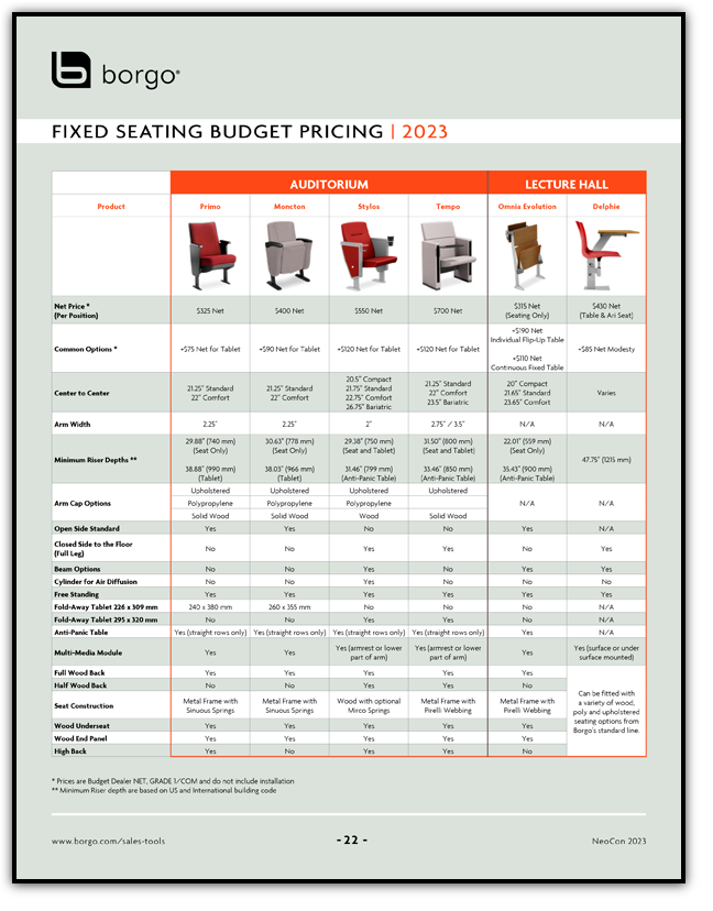 Borgo - Sales Tools - Fixed Seating Budget Pricing
