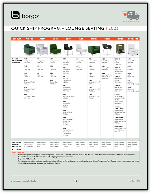 Borgo - Sales Tools - Quick Ship Matrix - Lounge Seating
