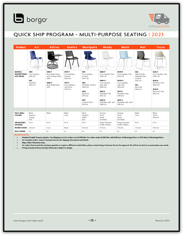 Borgo - Sales Tools - Quick Ship Matrix - Multi-Purpose Seating