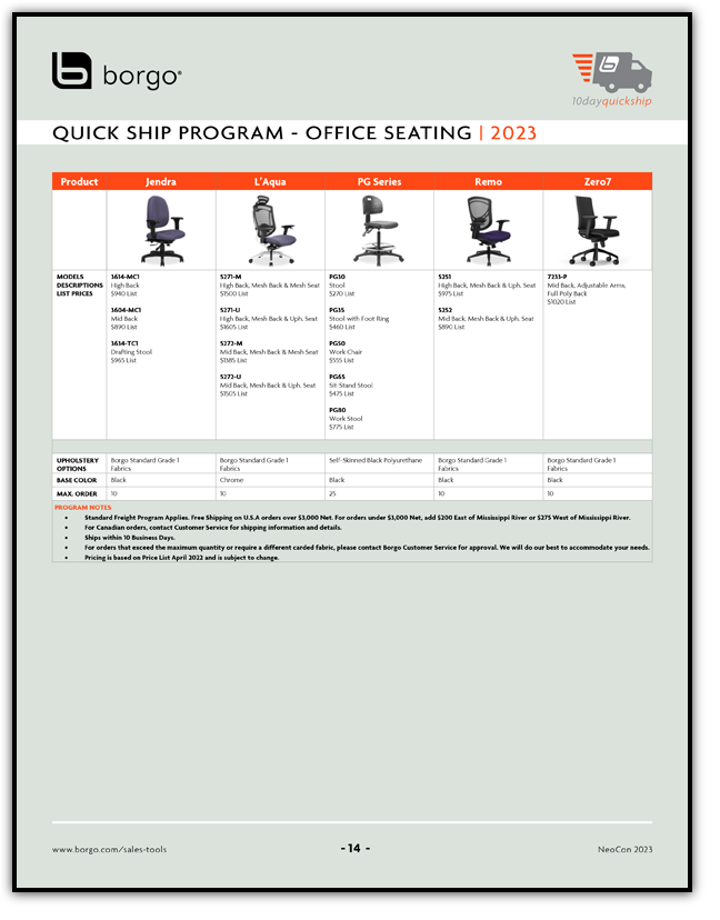 Borgo - Sales Tools - Quick Ship Matrix - Office Seating